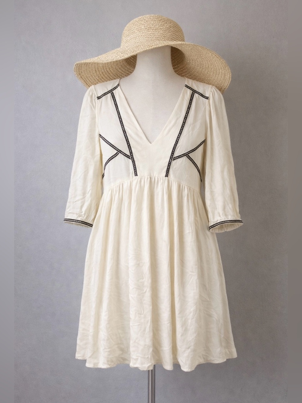 ba&sh Paris Cream V-Neck Mini Dress Contrast Stitching Like new $285 Retail